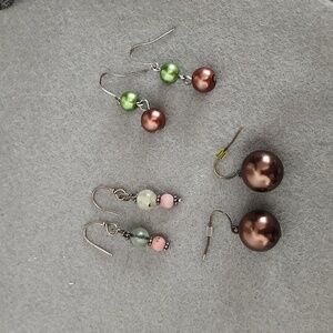 3 pairs brown and green drop earrings
